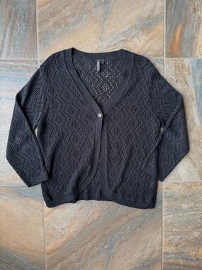 Jason Maxwell Black Pointelle Knit Cardigan Sweater Large Wrap Style V-Neck